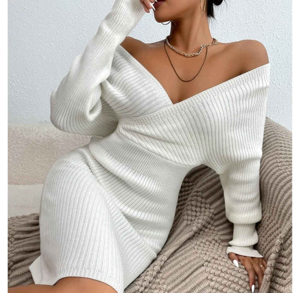 White Off Shoulder V-Neck Rib Knit Sweater Mini Short Dress Long Sleeve - Picture 1 of 9